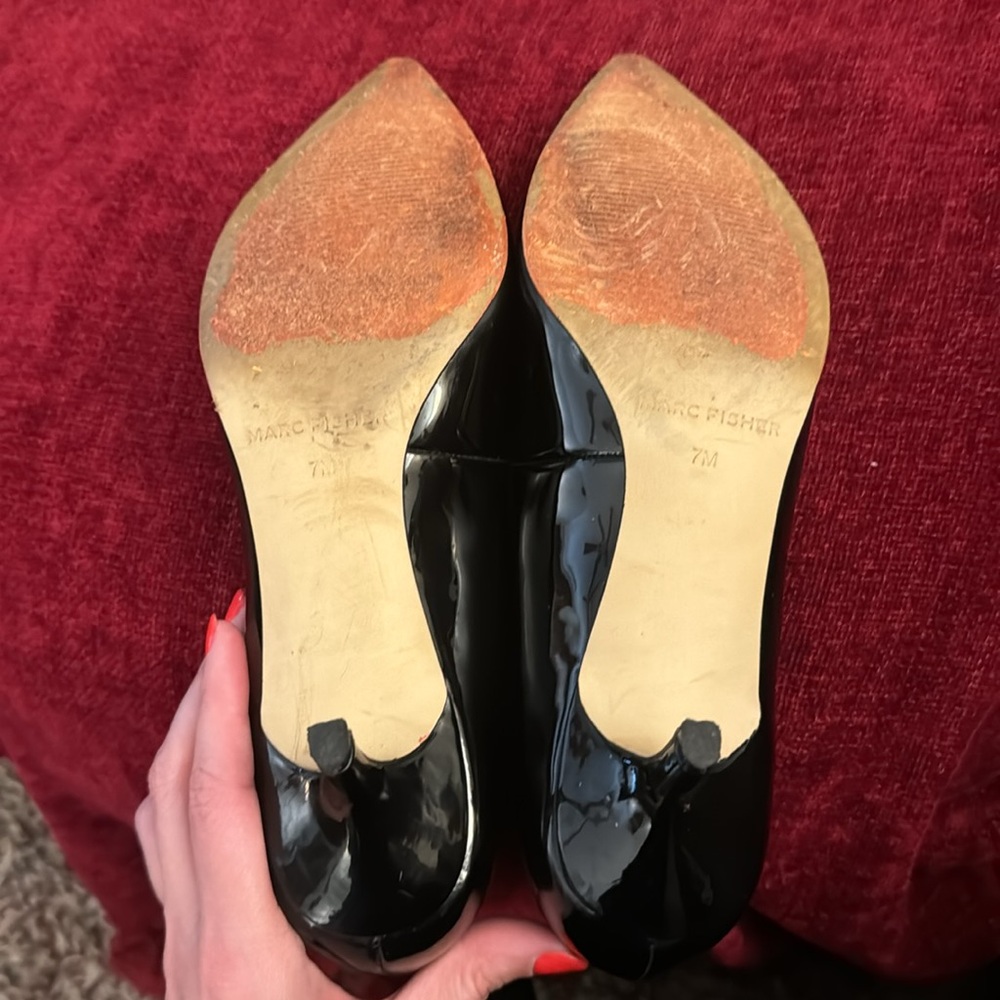 Marc Fisher Black Patent Leather Pointed-Toe Kitten Heels - Women's Pumps - Picture 6 of 10